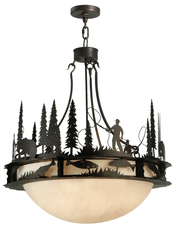 A sportsman hooks a prized fish in a mountain stream while the morning sun rises in the background. Radiant ambient light is diffused beautifully through a Fleshtone Idalight diffuser, which is enhanced with Copper Rust finished accents and frame, including hooks attaching the shade to the central hub. The fixture is handcrafted in the manufacturing facility at the foothills of the Adirondack Mountain Lake Region in the USA. Custom styles, designs and sizes are offered. Energy efficient lamping options are available as well. The 32-inch wide pendant is UL and cUL listed for dry and damp locations. Collection: Fisherman Finish: Copper Rust Glass: Fleshtone Idalight Notes: Custom Crafted In Yorkville, New York Please Allow 30 Days Width: 32.00" Height: 45.00" Length: 32.00" Weight: 45.00 lb Number of Bulbs: 6 Maximum Wattage: 60.00 W Bulb Type: A19 Bulb Base: E26 Material: Steel Country of Origin: USA Safety Listing: Damp Safety Rating: Damp