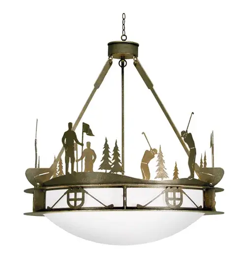 Like an active country club, Fairway will bring the sporting excitement of the links into any residential, hospitality or commercial setting. The inverted pendant features a stunning Statuario Idalight diffuser that is complemented with a frame and decorative accents in a Gilded Tobacco finish. The shade is crowned with with golfers and Pine trees, while the trim features a crest flanked by two irons. Custom crafted in Upstate New York, this ceiling fixture is available in custom sizes, styles and colors. Dimmable energy efficient lamping options such as LED are available. The 32-inch wide pendant is UL and cUL listed for dry and damp locations. Collection: Fairway Finish: Gilded Tobacco Glass: Statuario Idalight Width: 32.00" Height: 35.00" Length: 32.00" Weight: 37.00 lb Number of Bulbs: 6 Maximum Wattage: 40.00 W Bulb Type: A19 Bulb Base: E26 Country of Origin: USA Safety Listing: Dry Safety Rating: Dry