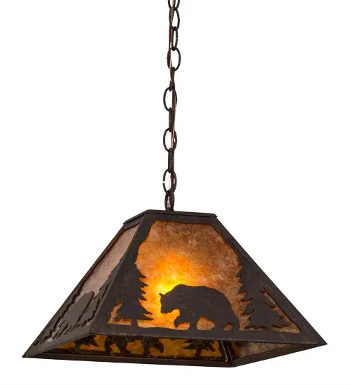 Drawing inspiration from the wildlife and natural beauty in the spectacular Adirondack Mountains nearby; this stunning steel fixture depicts a bold Bear meandering through the woodlands. Beautiful ambient light is evoked through Amber Mica; which is complemented with a frame; decorative accents and hardware featured in a Cajun Spice finish. The rustic styled pendant is handcrafted artisans in our Yorkville; NY facility. Custom designs; styles and sizes are available; as well as dimmable energy efficient lamping options. The fixture is UL and cUL listed for damp and dry locations. - alternate view