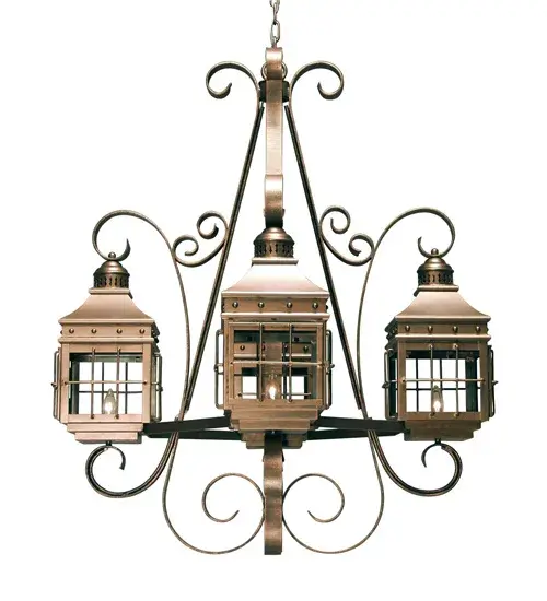 Enjoy the time-honored look of Siro, an updated chandelier design with classic lantern styling and handcrafted construction. The four shapely lanterns feature Clear glass, which is complemented with a frame, scrollwork, accents, and hardware featured in a Champagne Metallic finish. The fixture, handcrafted by highly skilled artisans in our manufacturing facility in Yorkville, NY, is available in custom colors, designs, sizes and dimmable energy efficient lamping options such as LED. The 42-inch wide fixture is UL and cUL listed for dry and damp locations. Collection: Siro Finish: Champagne Metallic Glass: Clear Glass Width: 42.00" Height: 48.00" Length: 42.00" Weight: 100.00 lb Number of Bulbs: 4 Maximum Wattage: 60.00 W Bulb Type: CA10 Bulb Base: E26 Material: Steel Country of Origin: USA Safety Listing: Dry Safety Rating: Damp