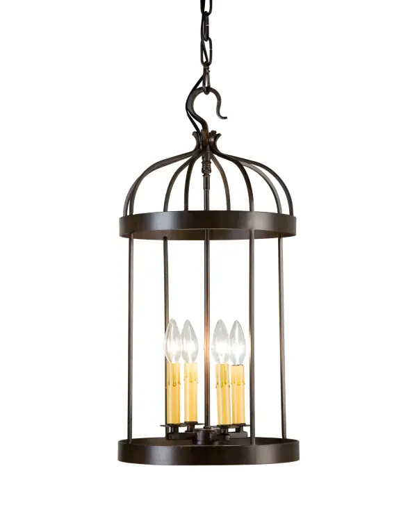 Inspired by the charming profile of caged homes for our feathered friends; the curvy Muse Pendant reveals four Ivory faux candlelights that evoke beautiful ambient illumination. The frame and hardware are shown in a Gilded Tobacco finish. Handcrafted in our Yorkville; NY manufacturing facility; this fixture is offered in custom sizes; finishes and designs; plus dimmable energy efficient lamping options such as LED. The 12-inch wide pendant is UL and cUL listed for dry and damp locations.