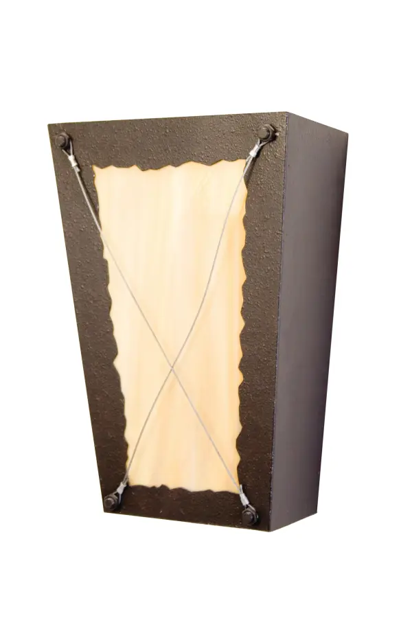 A timeless decorative expression for a variety of interiors, this appealing wall sconce features a Sahara Taupe Idalight inset which is complemented with decorative studs, accents and metal background in a striking Cajun Spice finish. A minimalistic Saltire pattern with aircraft cables provides the finishing touch. The fixture is custom crafted in the USA. Custom colors, styles, sizes and dimmable lamping options such as LED are available. This 15-inch tall fixture is UL and cUL listed for damp and dry locations Collection: Maxine Finish: Cajun Spice Glass: Sahara Taupe Idalight Width: 10.00" Height: 15.00" Length: 6.00" Weight: 4.00 lb Extension from Wall: 6.00" Number of Bulbs: 2 Maximum Wattage: 40.00 W Bulb Type: A19 Bulb Base: E26 Material: Steel Country of Origin: USA Safety Listing: Dry Safety Rating: Damp