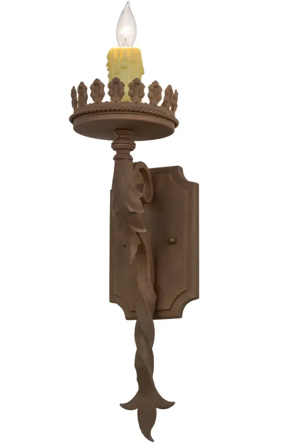 An upscale Gothic style, this elaborate wall sconce features a twisting post topped with a crown that embraces an Ivory faux candlelight and complemented with decorative hardware and backplate featured in a Cortez Gold Finish. Handcrafted in the USA, this fixture is available in custom sizes, styles, colors and dimmable energy efficient lamping options. It is UL and cUL listed for damp and dry locations. Collection: Nordic Finish: Cortez Gold Glass: Chocolate,Beige,Gold Width: 5.00" Height: 20.00" Length: 6.50" Weight: 5.00 lb Extension from Wall: 6.50" Number of Bulbs: 1 Maximum Wattage: 60.00 W Bulb Type: BA10 Bulb Base: E12 Material: Steel Country of Origin: USA Safety Listing: Damp Safety Rating: Damp