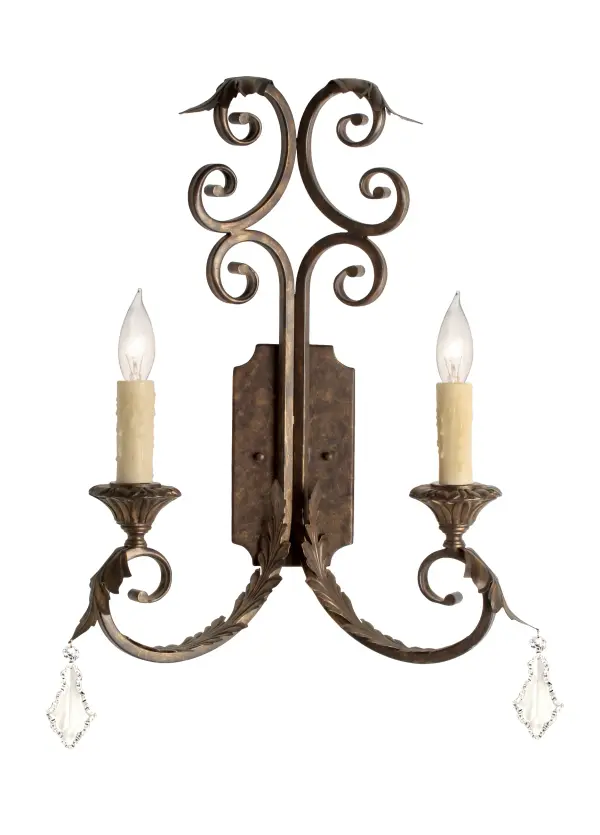 The Serratina Wall Sconce defines unsurpassed elegance; grace and beauty. With a frame and hardware in an exquisite Cajun Spice finish; lustrous Hand-Forged Iron Scrollwork and Acanthus Leaf accents complement 2 delicate Honey Amber faux candlelights which create beautiful ambient illumination. The luxurious wall fixture will add romantic charm to any room. Handcrafted in the USA; a myriad of custom options include the sizes; styles; finishes and dimmable energy efficient lamping options of your choice. The 23-inch tall sconce is UL and cUL listed for damp and dry locations.