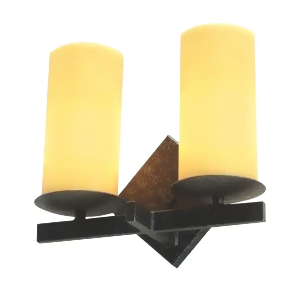 Expert craftsmanship and a distinctive elegance come to light with a luxurious rustic wall sconce that entices all to see. Two stunning Amber Cylindres are complemented with a geometric shaped frame and hardware in a Rusty Nail finish. The wall fixture is custom crafted in the USA by highly skilled artisans. Custom styles; designs; colors and dimmable energy efficient lamping options; such as LED; are available. The 12-inch wide fixture is UL and cUL listed for damp and dry locations.