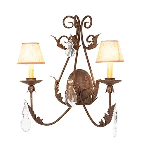 A luxurious wall sconce design comes to light with elegance and glamour. Two Amber faux candlelights crowned by Copper colored Textrene Shades are perched on bobeches; which are embraced by exquisite Acanthus leaf accented arms and Crystal Pendalogues. The decorative accents; frame and hardware are featured in a Pompeii Gold finish. This lovely wall fixture is handcrafted in our facility in Yorkville; New York. Custom sizes; styles; colors and dimmable energy efficient lamping options such as LED are available. The sconce is UL and cUL listed for damp and dry locations. - alternate view