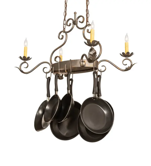 Evoking a look that combines luxury with refined sophistication for your decor, elegance comes to light with the Eloise design. This exquisite oblong pendant features four Ivory faux candlelights which sit on floral bobeches and provide beautiful ambient illumination. The scrollwork, Acanthus Leaf accents, frame and hardware are featured in a French Bronze finish. The fixture is ideal for illuminating dining tables, islands, counters and bars. Handmade in the USA, this lovely pendant is available in custom sizes, styles and colors, as well as dimmable energy efficient lamping options such as LED. The 32-inch long fixture is UL and cUL listed for damp and dry locations. (Cookware not included) Collection: Eloise Finish: French Bronze Glass: Black,White Width: 19.00" Height: 26.00" Length: 32.00" Weight: 16.00 lb Extension from Wall: 12.00" Number of Bulbs: 4 Maximum Wattage: 60.00 W Bulb Type: BA9 Bulb Base: E12 Material: Steel Country of Origin: USA Safety Listing: Dry Safety Rating: Damp