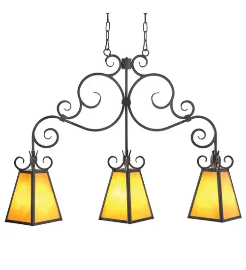 Classic elegance and minimalist luxury come to light with the Wellington Pendant. Three tapered shades of Ambra Siena Idalight are complemented with exquisite scrollwork and hardware featured in a Gilded Tobacco finish. Handmade by highly skilled artisans in our Yorkville, NY manufacturing facility, this oblong pendant is available in custom finishes, designs and sizes. Dimmable energy efficient lamping options are offered. The 4-foot long fixture is UL and cUL listed for dry and damp locations. Collection: Wellington Finish: Gilded Tobacco Glass: Beige Glass Width: 11.00" Height: 34.50" Length: 48.00" Weight: 2.00 lb Number of Bulbs: 60 Maximum Wattage: 3.00 W Bulb Type: B10 Bulb Base: E12 Material: Metal Country of Origin: USA Safety Listing: Dry Safety Rating: Dry