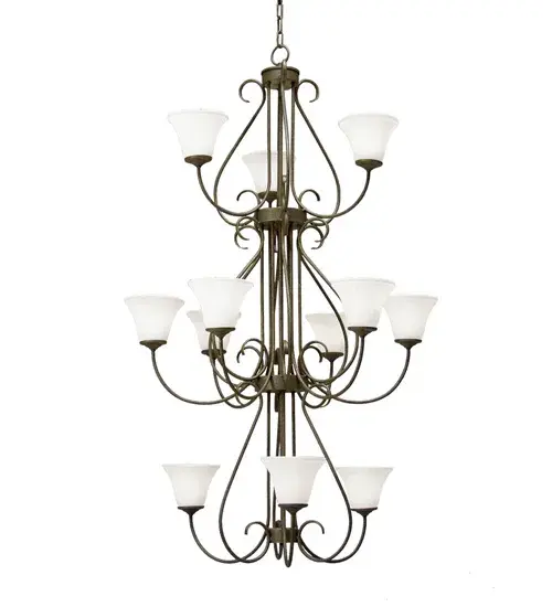 Graceful elegance and a distinctive refinement are reflected in this appealing lighting masterpiece. This exquisite chandelier renders an exquisite design featured in an Antiquity finish and adorned with scrolled accents. The chandelier renders 12 White Scavo Glass Shades perched on delicate bobeches and designed for beautiful ambient light. The fixture features hand detailed American craftsmanship perfected by years of time honored artistry in the company's manufacturing facility in Upstate New York. This lovely fixture is perfect for illuminating lobbies, dining rooms and other spaces. Custom sizes, styles and colors are available, as well as dimmable energy efficient lamping options such as LED. This 3-foot long fixture is UL and cUL listed for damp and dry locations. Collection: Jaqueline Finish: Antiquity Glass: White Opal Glass Width: 36.00" Height: 60.00" Length: 36.00" Weight: 116.00 lb Extension from Wall: 10.50" Number of Bulbs: 12 Maximum Wattage: 60.00 W Bulb Type: A19 Bulb Base: E26 Material: Steel Country of Origin: USA Safety Listing: Dry Safety Rating: Dry