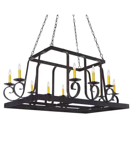 An upscale transitional lighting design that combines form with function, this lighted pot rack features large scrolled arms that embrace 10 Amber faux candlelights perched on bobeches. The Chestnut finished frame can easily be complemented with hooks to display cookware for easy access in kitchens and two spotlights to illuminate cooking or food preparation surfaces. Handcrafted in the USA by our artisans, this fixture is available in custom sizes, styles, colors and energy-efficient lamping options. The 55-inch long fixture is UL and cUL listed for damp and dry locations. Collection: Maura Finish: Chestnut Glass: Black Width: 36.00" Height: 24.00" Length: 55.00" Weight: 46.00 lb Extension from Wall: 4.00" Number of Bulbs: 10 Maximum Wattage: 60.00 W Bulb Type: BA9 Bulb Base: E12 Material: Steel Country of Origin: USA Safety Listing: Dry Safety Rating: Damp