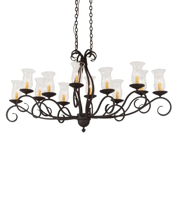 An elegant 5-foot oblong chandelier, Sienna blends classic styling with timeless elegance. Elaborate Hand-forged scrollwork offers the curved arms crowned with bobeches that embrace Clear Glass Hurricane shades revealing 12 Amber faux candlelights for beautiful ambient illumination. The decorative accents, finial and hardware are featured in a stunning Cajun Spice finish. Handmade by highly skilled artisans in the USA. Custom sizes, designs, finishes and dimmable lamping options such as LED are available. This exquisite fixture is UL and CUL listed dry and damp locations. Collection: Firenze Finish: Cajun Spice Glass: Clear Hurricane Glass Width: 24.00" Height: 34.00" Length: 60.00" Weight: 66.00 lb Number of Bulbs: 12 Maximum Wattage: 40.00 W Bulb Type: B10 Bulb Base: E12 Material: Steel Country of Origin: USA Safety Listing: Dry Safety Rating: Damp