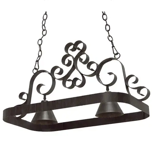 An elegant transitional lighting design that combines form with function, this lighted pot rack features large scrollwork. The Blackwash finished frame is available with hooks to display fine cookware and accessories for easy access in kitchens. Two spotlights illuminate cooking and food preparation surfaces. Handcrafted in the USA by our highly skilled artisans, this oblong pendant is available in custom sizes, styles, colors and energy-efficient lamping options such as LED. This 32-inch long fixture is UL and cUL listed for damp and dry locations. (Cookware not included) Collection: Hayley Finish: Blackwash Glass: White Width: 18.00" Height: 18.00" Length: 32.00" Weight: 2.00 lb Number of Bulbs: 2 Maximum Wattage: 40.00 W Bulb Type: A19 Bulb Base: E26 Material: Steel Country of Origin: USA Safety Listing: Dry Safety Rating: Damp