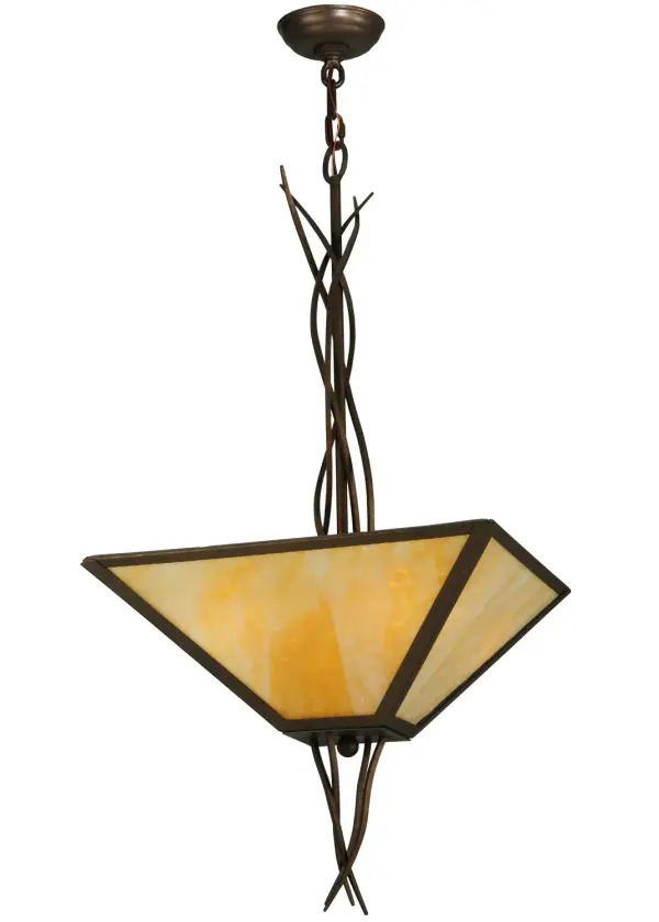 Anala is designed with an inverted Mission styled Beige Flemish Art Glass diffuser that is complemented with a frame and hardware featured in a Gilded Tobacco finish. The shade is adorned with winding Vine-like accents around the suspension rod. This 18-inch wide fixture is custom crafted at our manufacturing facility in Upstate New York, in the USA. Custom colors, sizes and styles are available, as well as dimmable energy-efficient lamping options. The pendant is UL and cull listed for dry and damplocations. Collection: Anala Finish: Gilded Tobacco Glass: Beige Art Glass Width: 18.00" Height: 40.00" Length: 18.00" Weight: 14.00 lb Number of Bulbs: 4 Maximum Wattage: 60.00 W Bulb Type: A19 Bulb Base: E26 Material: Steel Country of Origin: USA Safety Listing: Damp Safety Rating: Damp