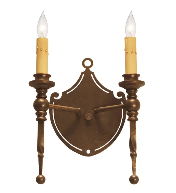 Malta Crest offers a rich luxurious look. A medallion styled backplate is adorned with two Amber faux candlelights with elegant Gilded Tobacco finished candleholders. This high-styled wall fixture features decorative accents in a matching finish. This ADA Compliant sconce is ideal to complement a variety of architectural styles for today's interiors. Handcrafted by highly skilled artisans in our 180,000 square foot manufacturing facility in Yorkville, New York. Available in a wide range of custom choices including various finishes and sizes. UL and cUL listed for dry and damp locations. Collection: Malta Crest Finish: Gilded Tobacco Glass: Black,Ruby,Green,Beige Width: 8.00" Height: 12.00" Length: 4.00" Weight: 3.50 lb Extension from Wall: 4.00" Number of Bulbs: 2 Maximum Wattage: 40.00 W Bulb Type: BA9 Bulb Base: E12 Material: Steel Country of Origin: USA Safety Listing: Damp Safety Rating: Damp