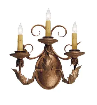 Beauty and grace come to light with this elegant wall sconce highlighted with an elaborate Handforged Iron scrollwork design. Three Amber faux candlelights are perched on distinctive bobeches and enhanced with a frame, Acanthus Leaf accents and hardware featured in an Autumn Leaf finish. Perfect to illuminate hallways and other rooms in fine homes, hotels, restaurants and other residential, hospitality and commercial spaces. Handcrafted in our 180,000 square foot manufacturing facility in the USA, Natalia is available in a variety of custom sizes, finishes, and styles. Dimmable energy efficient lamping options such as LED are available. The 12-inch wide wall fixture is UL and cUL listed for damp and dry locations. Collection: Natalia Finish: Autumn Leaf Glass: Green,Grey Width: 12.00" Height: 12.50" Length: 8.00" Weight: 3.00 lb Extension from Wall: 8.00" Number of Bulbs: 3 Maximum Wattage: 40.00 W Bulb Type: BA9 Bulb Base: E12 Country of Origin: USA Safety Listing: Dry Safety Rating: Dry