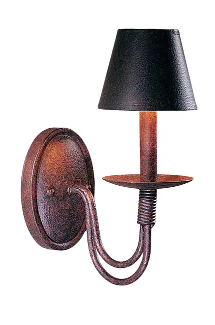 An exquisite wall sconce combines rustic sophistication and a distinctive aesthetic. A Textrene Shade painted to match the handsome Rusty Nail finish is perched on a bobeche; which is embraced by curved arms with metal coil like accents and hardware featured in a complementary finish. Handcrafted by highly skilled artisans in our 180;000 square foot manufacturing facility in Yorkville; New York; this fixture is available in custom sizes; styles; colors and dimmable energy efficient lamping options such as LED. The 5 inch wide wall fixture is UL and cUL listed for dry and damp locations.