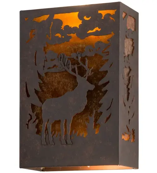 A stunning design depicts a Deer standing tall in the woodlands as soft ambient illumination shines through Amber Mica. The hardware and decorative accents are featured in a Cajun Spice finish. The fixture is handcrafted by Meyda artisans in our facility at the foothills of the Adirondack Mountains. Custom sizes; styles and colors are available; as well as dimmable energy efficient lamping options. - alternate view