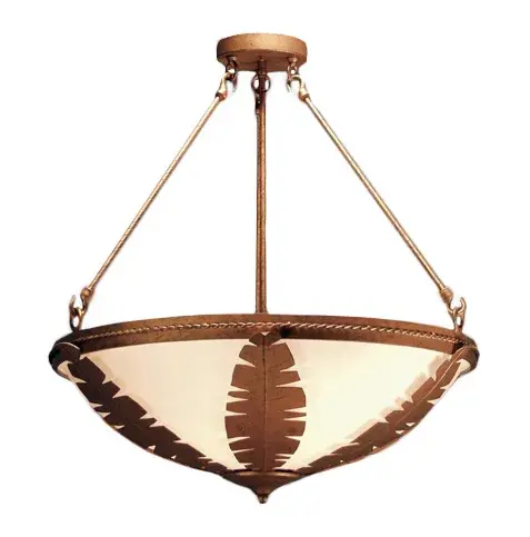 Reminiscent of the Polynesian culture and tropical beaches, the Banana Leaf symbolizes fun and relaxation. This pendant features Cortez Gold finished Banana Leaves on a stunning Botticino Idalight diffuser. Perfect for installation in fine homes, resorts, restaurants, hotels and lounges. This pendant can be customized in the size, style or finish of your choice. UL and cUL listed for damp and dry locations. Collection: Kayley Finish: Cortez Gold Glass: Botticino Idalight Width: 26.00" Height: 30.00" Length: 26.00" Weight: 17.00 lb Number of Bulbs: 3 Maximum Wattage: 60.00 W Bulb Type: A19 Bulb Base: E26 Material: Steel Country of Origin: USA Safety Listing: Dry Safety Rating: Damp
