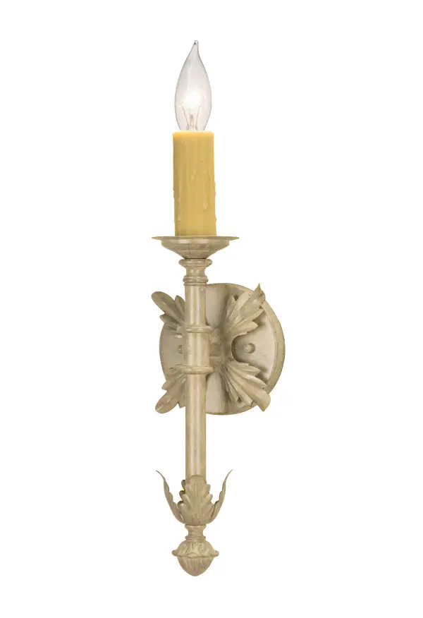 A rich luxurious beauty; Clovis blends classic and timeless styling. This sconce is the perfect choice for today's interiors and adds a finishing touch to living areas; entryways; hallways and more. The Ivory faux candlelight is perched on a bobeche embraced by hardware adorned with Acanthus leaf accents in a Custom finish. Handcrafted in our manufacturing facility in Yorkville; New York. Custom styles; sizes and designs available. Energy efficient lamping options such as LED are offered. The 14-inch tall fixture is UL and cUL listed for dry and damp locations.