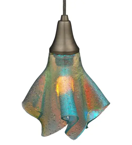Add a fun lighting design to a home; restaurant; hotel; or retail location. Created with Dichroic Red and Blue Reflective Art Glass; this Fused Glass pendant is ideal for modern homes; restaurants; and those who appreciate a work of beauty. Traditional artistry; high-fire kilns; and original tools fuse art glass in the old world tradition. This stunning mini pendant is ideal for installation in groups above bars; islands; counters; billiard tables; and dining tables in residential and hospitality locations from Palm Beach; Florida; to Austin; Texas; to Portland; Oregon. The fixture is enhanced with a Brushed Nickel finish. The overall height ranges from 17 to 72 inches; as the Cord length can be adjusted to accommodate your specific lighting application needs. The Handkerchief Fire and Ice Mini Pendant is featured in our American-made; American-designed; handcrafted Handkerchief Glass Collection; which is manufactured in Yorkville; New York. UL and cUL listed for dry and damp locations. - alternate view