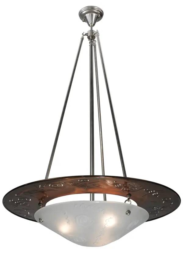 Every Meyda Tiffany item is a unique handcrafted work of art. Natural variations in the wide array of materials that we use to create each Meyda product make every item a masterpiece of its own. Photographs are a general representation of the product. Colors and designs will vary. Collection: Metro Fusion Finish: Transparent Copper,Brushed Nickel Glass: Frosted Bas Relief Notes: Custom Crafted In Yorkville, New York Please Allow 30 Days Width: 31.00" Height: 48.00" Length: 31.00" Weight: 25.00 lb Number of Bulbs: 3 Maximum Wattage: 60.00 W Bulb Type: A19 Bulb Base: E26 Material: Steel Country of Origin: USA Safety Listing: Damp Safety Rating: Damp