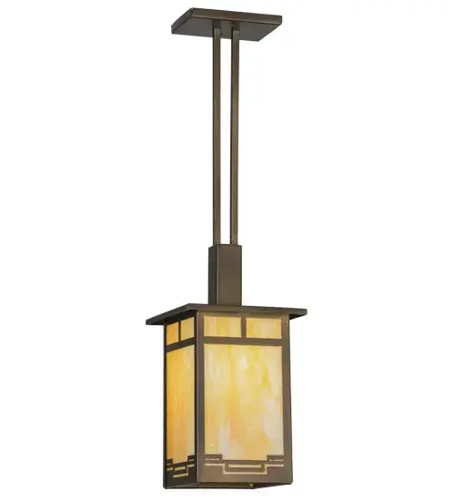 Bring a Bungalow Arts and Crafts look into a home or commercial setting with this handsome handcrafted lantern featuring an elegant geometric trim and framed in Antique Copper finished Solid Steel with Beige art glass panels. This stunning Mission styled fixture is handcrafted in the USA by Meyda artisans. Custom colors; styles and sizes offered. Energy efficient lamping options available. - alternate view