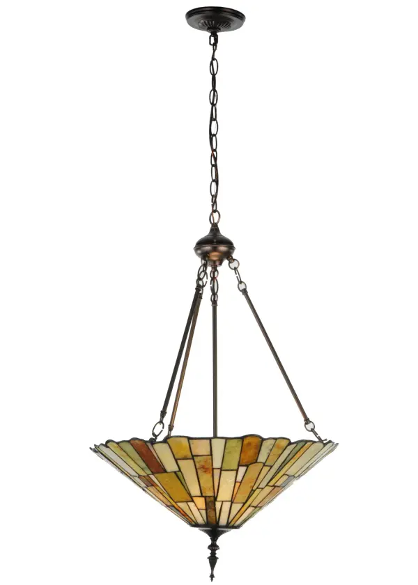 Thinly hand carved and polished natural Jadestone in earthy tones of Moss Green; Tan; Natural Ivory and Coral become luminescent in this unique tile patterned pendant shade and complemented with hardware finished in Mahogany Bronze. The natural stone shade is crafted using the famous copperfoil construction process that creates Tiffany stained glass lamps and fixtures.