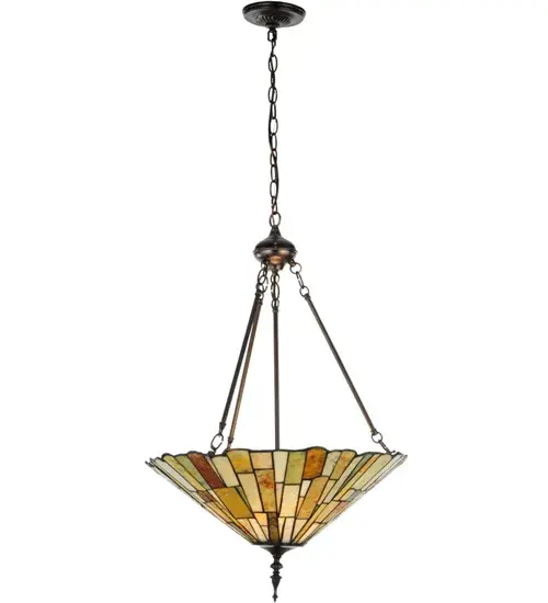 Thinly hand carved and polished natural Jadestone in earthy tones of Moss Green; Tan; Natural Ivory and Coral become luminescent in this unique tile patterned pendant shade and complemented with hardware finished in Mahogany Bronze. The natural stone shade is crafted using the famous copperfoil construction process that creates Tiffany stained glass lamps and fixtures. - alternate view