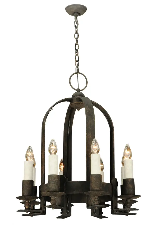 Offering a rustic design with a handsome, casual look, this stunning chandelier features eight White faux candlelights that deploy beautiful ambient illumination. The chandelier is enhanced with a warm Chestnut finish. The overall height of the pendant ranges from 36.5 to 95 inches, as the chain length can be easily adjusted in the field to meet your precise lighting requirements. Display this pendant to illuminate a dining table or foyer in fine homes, lodges, and other spaces from Traverse City, Michigan, to Lake Tahoe, Nevada, to Lake Geneva, Wisconsin. The Aragon Chandelier is included in our American-made, American-designed, handcrafted Gothic Collection and manufactured in Yorkville, New York. This lighting fixture is UL and cUL listed for dry and damp locations. Collection: Aragon Finish: Chestnut Glass: Blue,White,Black Notes: Custom Crafted In Yorkville, New York Please Allow 30 Days Width: 26.00" Height: 36.00" Length: 26.00" Weight: 60.00 lb Number of Bulbs: 8 Maximum Wattage: 60.00 W Bulb Type: F15 Bulb Base: E26 Material: Steel Country of Origin: USA Safety Listing: Damp Safety Rating: Damp