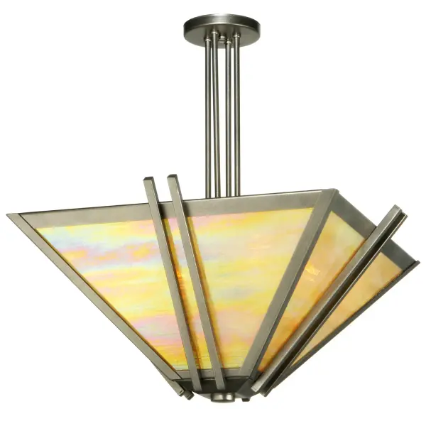 This stunning Mission styled ceiling fixture. A beautiful Beige Iridescent art glass shade is complemented with an architectural frame and hardware in a Blackened Pewter powder coat finish. Handcrafted in our 180,000 square foot manufacturing facility in Yorkville, New York at the foothills of the Adirondack Mountains. Custom sizes, styles and colors available. UL and cUL listed for dry and damp locations. Collection: Zeta Finish: Blackened Pewter Glass: Beige Iridescent Glass Width: 23.00" Height: 24.00" Length: 23.00" Weight: 17.00 lb Number of Bulbs: 4 Maximum Wattage: 40.00 W Bulb Type: A19 Bulb Base: E26 Material: Steel Country of Origin: USA Safety Listing: Damp Safety Rating: Damp
