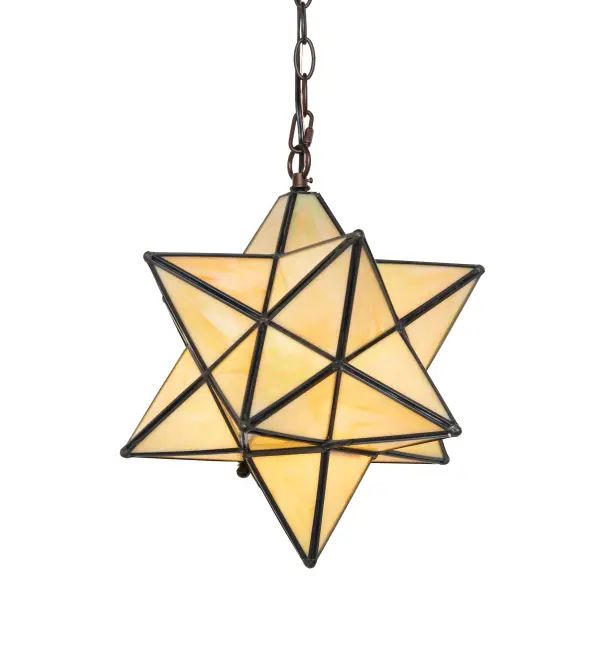This timeless ceiling fixture is hand crafted of sparkling Beige Iridized art glass. Dating back to Moravia, hundreds of years ago, the star was used to protect your home and bring good luck to your family. The Meyda Tiffany Moravian Star pendant is suspended from chain and canopy in a Mahogany Bronze hand applied finish. Collection: Moravian Star Finish: Mahogany Bronze Glass: Beige Iridescent Glass Width: 14.00" Height: 17.00" Length: 14.00" Weight: 9.00 lb Extension from Wall: 4.00" Number of Bulbs: 1 Maximum Wattage: 60.00 W Bulb Type: A19 Bulb Base: E26 Material: Steel Country of Origin: CHINA Safety Listing: Damp Safety Rating: Damp