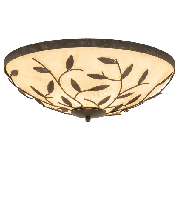 An appealing elaborate lighting design features delicate tree branches and leaves that appear ready to blossom. The stunning Handpainted Ivory Idalight is complemented with a frame and hardware featured in a Golden Bronze finish. Handcrafted in our manufacturing facility in Upstate New York; custom options include special sizes; finishes and designs; as well as dimmable energy efficient lamping options such as LED. The ceiling fixture is UL and cUL listed for dry and damp locations.