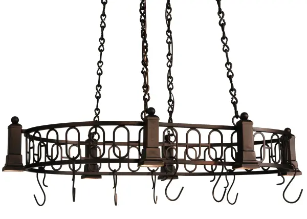 A handsome lighted pot rack design. This alluring ceiling fixture with oval-shaped repeat motifs and a curved shape is reminiscent of the Art Deco era. Revival Deco is highlighted with a Mahogany Bronze finished frame with hooks to display fine cookware or accessories for easy access in kitchens. Six customer-supplied G5 Bi-pin T4 Halogen downlights deliver functional lighting on surfaces below. The lighted pot rack includes Premium Chain with Hand-Forged Links. Chain length of 21" to 88" is easily adjusted upon request at our Yorkville; NY factory. Lamping styles; metal finishes and fixture sizes can be customized. UL and cUL listed for dry and damp locations.