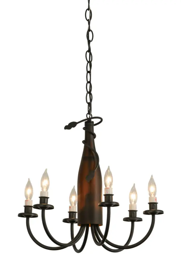 Capture the life of the party with the dramatic design of this Wine Bottle Pendant. Liven up a restaurant; club; hotel lobby or kitchen counter with pendants that do so much more then deliver light; it adds personality and pizazz. The stunning Frosted Amber Wine Bottle features a wrap; hardware including six arms and bobeches finished in Black; with gracefully designed candlelights. A unique design statement. Handcrafted by Meyda artisans in the USA. Wine Bottles can be lamps. Custom options available; including energy efficient lamping.