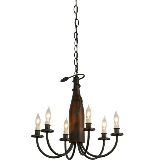 Capture the life of the party with the dramatic design of this Wine Bottle Pendant. Liven up a restaurant; club; hotel lobby or kitchen counter with pendants that do so much more then deliver light; it adds personality and pizazz. The stunning Frosted Amber Wine Bottle features a wrap; hardware including six arms and bobeches finished in Black; with gracefully designed candlelights. A unique design statement. Handcrafted by Meyda artisans in the USA. Wine Bottles can be lamps. Custom options available; including energy efficient lamping. - alternate view