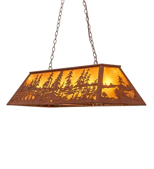 Mesmerizing Pine Tree silhouettes stand tall as the brilliant morning sun rises above a woodland lake featured on this oblong chandelier. Beautiful ambient light is projected through a stunning Amber Mica diffuser complemented with decorative accents and hardware featured in a Rust finish. Perfect for lighting a kitchen island, table, counter, or bar. The overall height ranges from 22 to 44 inches as the chain length can be easily adjusted in the field. The Tall Pines Oblong Pendant is included in our American-made, American-designed, handcrafted Nature Inspired Lighting Collection. Manufactured in Yorkville, New York. UL and cUL listed for dry and damp locations. Collection: Tall Pines Finish: Rust Glass: Amber Mica Width: 17.00" Height: 22.00" Length: 48.00" Weight: 30.00 lb Number of Bulbs: 6 Maximum Wattage: 60.00 W Bulb Type: A19 Bulb Base: E26 Material: Steel Country of Origin: USA Safety Rating: Damp - alternate view