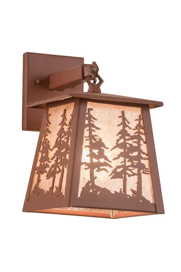 This stunning wall sconce features mesmerizing Pine Tree silhouettes that stand tall as the brilliant morning sun rises above the woodlands in the background. Beautiful ambient light is projected through a Silver Mica diffuser complemented with decorative accents and hardware featuring a Rust finish. The Tall Pines design is inspired by the Coconino National Forest in Arizona; to the Deschutes National Forest in Oregon; to the Ancient Bristlecone Pine Forest of California. Install these striking wall sconces in corridors; living areas; and other spaces in a timber frame home; camp; or lodge. The Stillwater Tall Pines Hanging Wall is included in our American-made; American-designed; handcrafted Nature Inspired Lighting Collection and manufactured in Yorkville; New York. UL and cUL listed for dry and damp locations.