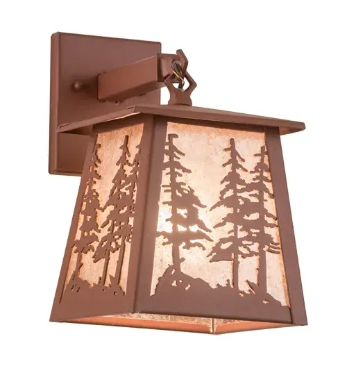 This stunning wall sconce features mesmerizing Pine Tree silhouettes that stand tall as the brilliant morning sun rises above the woodlands in the background. Beautiful ambient light is projected through a Silver Mica diffuser complemented with decorative accents and hardware featuring a Rust finish. The Tall Pines design is inspired by the Coconino National Forest in Arizona; to the Deschutes National Forest in Oregon; to the Ancient Bristlecone Pine Forest of California. Install these striking wall sconces in corridors; living areas; and other spaces in a timber frame home; camp; or lodge. The Stillwater Tall Pines Hanging Wall is included in our American-made; American-designed; handcrafted Nature Inspired Lighting Collection and manufactured in Yorkville; New York. UL and cUL listed for dry and damp locations. - alternate view
