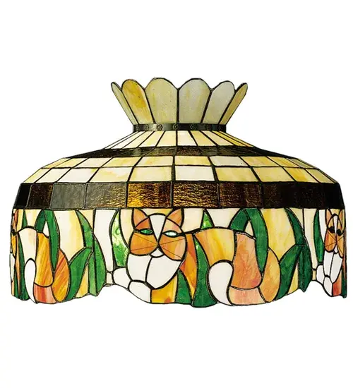 A purr-fect connoisseur of comfort. This Orange and White Cat with piercing Green Eyes sits among Green Leaves on a Beige Art Glass background. The shade is crowned with a grid like stained glass pattern and Bark Brown Granite Glass trim. The handcrafted shade is created with the famous Meyda Tiffany copperfoil construction. Pair with a base to create a beautiful table or floor lamp; or add hardware to build a stunning ceiling fixture. Each shade is a unique work of art with color variations based on natural ingredients inherent in the glass. Contact us if color matching is critical when ordering multiple items.