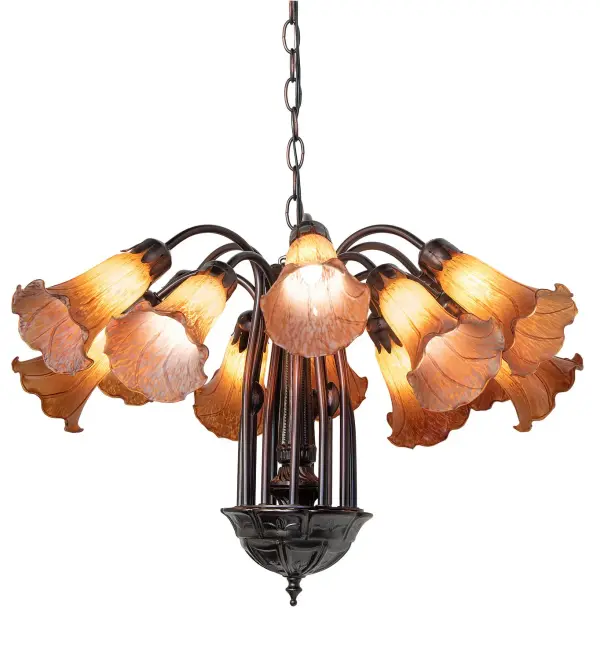 Recreating the famous Tiffany design from the early 1900s. This elegant chandelier features 12 Amber Favrile Style art glass shades. An elegant cast metal hub embraces the Lily shades with floral-style fitters finished by hand in Mahogany Bronze. The Pond Lily Chandelier is included in our American-designed, handcrafted Favrile Glass Lighting Collection. UL and cUL listed for dry and damp locations. Each shade is a unique work of art with color variations based on natural ingredients inherent in the glass. Please contact us if color matching is critical when ordering multiple items. Collection: Amber Finish: Mahogany Bronze Glass: Amber Width: 24.00" Height: 18.00" Length: 24.00" Weight: 20.00 lb Number of Bulbs: 12 Maximum Wattage: 15.00 W Bulb Type: B10 Bulb Base: E12 Material: Steel Country of Origin: CHINA Safety Rating: Damp