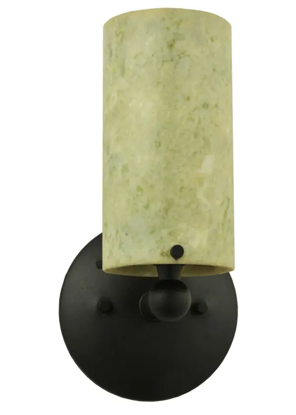Inspired by nature. This exquisite wall fixture features a polished Light Green Jadestone that adds a look of calm serenity with the natural patterning. Paired with a Black hardware. Handcrafted in our 180,000 square foot manufacturing facility in Yorkville, New York. Shade colors, metal finishes and fixture sizes can be customized to your needs. UL and cUL listed for dry and damp locations. Collection: Cilindro Finish: Textured Black Glass: Light Green Notes: Custom Crafted In Yorkville, New York Please Allow 50 Days Width: 5.00" Height: 10.00" Length: 5.00" Weight: 2.50 lb Extension from Wall: 5.00" Number of Bulbs: 1 Maximum Wattage: 60.00 W Bulb Type: A19 Bulb Base: E26 Material: Steel Country of Origin: USA Safety Listing: Damp Safety Rating: Damp