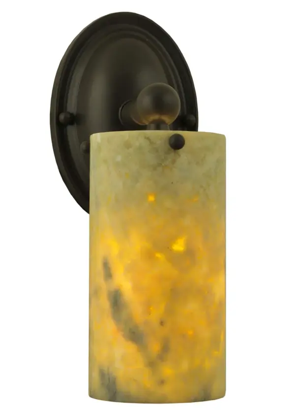 Inspired by nature. This exquisite shade features a hand polished stone in tones of Light Green that adds a look of calm serenity with the natural marble patterning. Paired with a Timeless Bronze hardware. Handcrafted in our 180,000 square foot manufacturing facility in Yorkville, New York. Shade colors, metal finishes and sizes can be customized to meet your needs. UL and cUL listed for dry and damp locations. Collection: Cilindro Finish: Timeless Bronze Glass: Light Green Notes: Custom Crafted In Yorkville, New York Please Allow 30 Days Width: 4.00" Height: 10.00" Length: 5.50" Weight: 2.50 lb Extension from Wall: 5.50" Number of Bulbs: 1 Maximum Wattage: 60.00 W Bulb Type: A19 Bulb Base: E26 Material: Metal Or Polyresin Country of Origin: USA Safety Listing: Damp Safety Rating: Damp