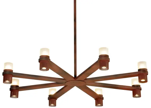 Perfectly suited for transitionally designed room settings, this sturdy, asterisk shaped pendant is designed with eight arms bearing eight Clear Satined glass cylindrical candlelights. The candlelights are custom crafted with eight cylindrical downlights below the arms. The fixture features 16 lights total. The well-built arms and hardware are hand finished in Rust and Wrought Iron. Great for a breakfast room, kitchen or dining area in a home, cabin, restaurant or retail location. Custom colors, sizes and styles available. Energy efficient lamping options offered. Handcrafted in the Meyda manufacturing facilities by highly skilled artisans in Upstate New York. Collection: Etoiles Finish: Rust Over Wrought Iron Glass: White Notes: Custom Crafted In Yorkville, New York Please Allow 30 Days Width: 72.50" Height: 96.00" Length: 72.50" Weight: 90.00 lb Number of Bulbs: 8 Maximum Wattage: 60.00 W Bulb Type: A19 Bulb Base: E26 Material: Steel Country of Origin: USA Safety Listing: Damp Safety Rating: Damp