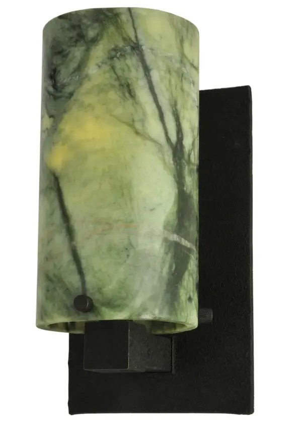 Inspired by nature. This exquisite organic pendant features a Dark Green Jadestone shade that adds a look of calm serenity with the natural patterning. Paired with a Cracked Ice finished hardware. Handcrafted in our 180,000 square foot manufacturing facility in Yorkville, New York. Shade colors, metal finishes and fixture sizes can be customized to your needs. UL and cUL listed for dry and damp locations. Collection: Cilindro Finish: Black Cracked Ice Glass: Dark Green Jadestone Notes: Custom Crafted In Yorkville, New York Please Allow 50 Days Width: 4.50" Height: 8.50" Length: 5.00" Weight: 3.50 lb Extension from Wall: 5.00" Number of Bulbs: 1 Maximum Wattage: 60.00 W Bulb Type: A19 Bulb Base: E26 Material: Metal Country of Origin: USA Safety Listing: Damp Safety Rating: Damp