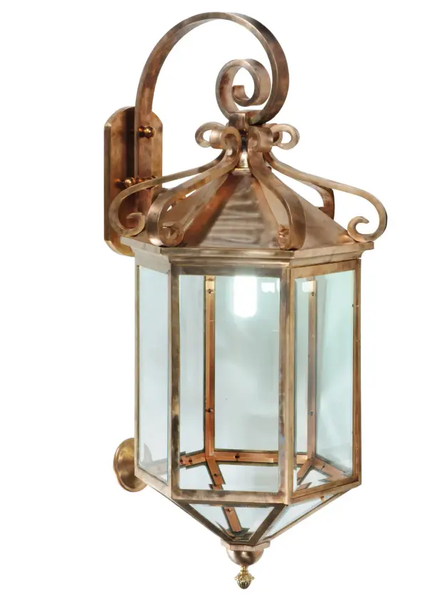 With exact precision and highly skilled craftsmanship, Anza was handcrafted of Solid Silicon Bronze. Bronze contains 96% solid copper and is highly resistant to corrosion and operates optimally in severe weather. California's Government specified Bronze for an outdoor lantern installed above a public library. The arm was contoured and crafted to a 3/4-inch thickness. Bronze was heated to a very specific temperature to meet the exact specifications. The energy efficient lantern uses a 32-watt 4-pin CFL to minimize energy costs and maintenance. Handcrafted with Clear beveled glass in Meyda's facility in Upstate New York. Dating back to the 4th millennium BC in Susa (Iran), Bronze was used to make swords for Officers of the Roman Empire. The Chinese used Bronze to make vessels while the famous Bronze statue Chola of Nataraja was made in Ancient India. Collection: Anza Finish: Silicon Bronze Glass: Clear Glass Width: 21.00" Height: 45.00" Length: 22.00" Weight: 102.00 lb Extension from Wall: 22.00" Number of Bulbs: 1 Maximum Wattage: 32.00 W Bulb Type: T4 QUAD Bulb Base: 4 PIN Light Source: CFL Material: Steel Country of Origin: USA Safety Listing: Wet Safety Rating: Wet Energy Efficient