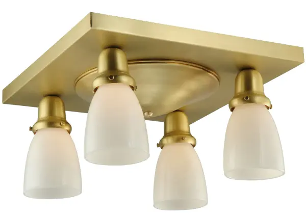 Every Meyda Tiffany item is a unique handcrafted work of art. Natural variations in the wide array of materials that we use to create each Meyda product make every item a masterpiece of its own. Photographs are a general representation of the product. Colors and designs will vary. Collection: Alcove Finish: Brushed Brass Glass: White Notes: Custom Crafted In Yorkville, New York Please Allow 30 Days Width: 15.00" Height: 7.75" Length: 15.00" Weight: 6.00 lb Number of Bulbs: 4 Maximum Wattage: 60.00 W Bulb Type: A19 Bulb Base: E26 Material: Steel Country of Origin: USA Safety Listing: Damp Safety Rating: Damp