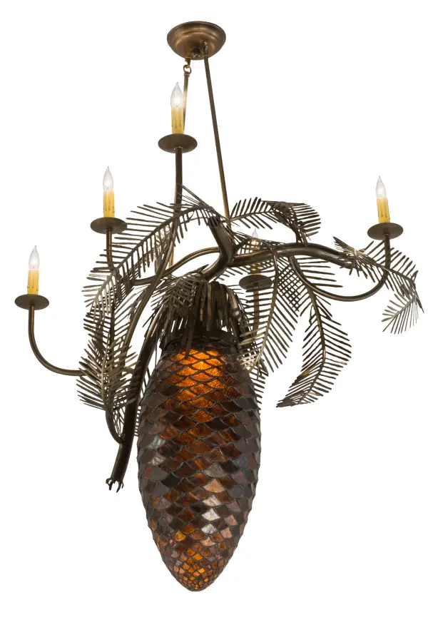 Like Nature revealing her inner mysteries; behold the iconic Pinecone chandelier which is one of the most compelling organic symbols human enlightenment. This Bark Brown art glass pinecone is complemented with steel pine needles and 5 Amber faux candlelights perched on bobeches embraced by branch-like arms; frame and hardware featured in an Antique Copper finish. The shade is created using the famous Meyda Tiffany copperfoil construction process. Custom styles; colors; sizes and dimmable energy efficient lamping options such as LED are available. The fixture is UL and cUL listed for damp and dry locations.