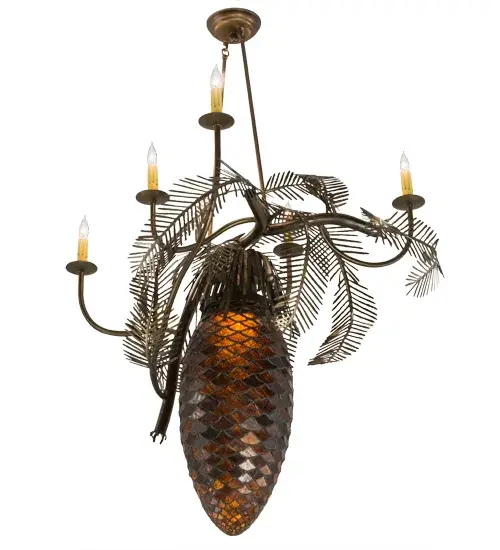 Like Nature revealing her inner mysteries; behold the iconic Pinecone chandelier which is one of the most compelling organic symbols human enlightenment. This Bark Brown art glass pinecone is complemented with steel pine needles and 5 Amber faux candlelights perched on bobeches embraced by branch-like arms; frame and hardware featured in an Antique Copper finish. The shade is created using the famous Meyda Tiffany copperfoil construction process. Custom styles; colors; sizes and dimmable energy efficient lamping options such as LED are available. The fixture is UL and cUL listed for damp and dry locations. - alternate view