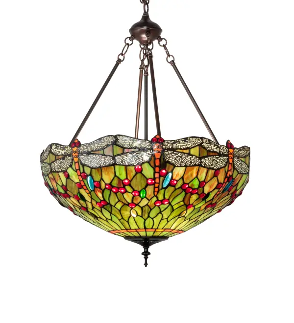 Inspired by one of Tiffany Studio's classic Dragonfly lighting masterpiece. Orange dragonflies with glowing Red glass jeweled eyes and Multi-colored filigree wings soar over a Green and Orange background. The stunning inverted shade is accented with Red; Green; Blue and Amber glass jewels. The overall height ranges from 32 to 67 inches as the chain length can be easily adjusted in the field to accommodate your specific lighting application needs. The art glass shade is created using the famous Meyda Tiffany copperfoil construction. The ceiling pendant is enhanced with a Mahogany Bronze finish. UL and cUL listed for dry and damp locations.