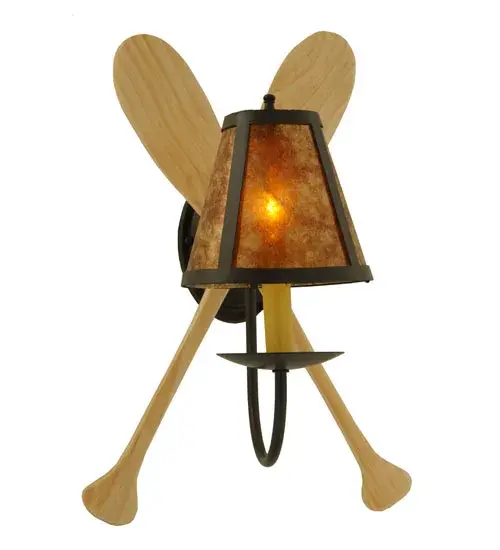 This handsome rustic wall sconce with Wooden Paddles is the perfect complement to your camp or lodge. The charming fixture features an Amber Mica shade that tops an Ivory faux candlelight attached to a bobeche, with arms and hardware finished in Timeless Bronze. The Paddle Wall Sconce is featured in our American manufactured, American designed, handmade Nautical Lighting Collection. Manufactured in Yorkville, New York. UL and cUL listed for dry and damp locations. Collection: Paddle Finish: Timeless Bronze Glass: Amber Mica Notes: Custom Crafted In Yorkville, New York Please Allow 30 Days Width: 12.00" Height: 18.00" Length: 11.50" Weight: 1.50 lb Extension from Wall: 11.50" Number of Bulbs: 1 Maximum Wattage: 60.00 W Bulb Type: B10 Bulb Base: E12 Material: Steel Country of Origin: USA Safety Listing: Damp Safety Rating: Damp - alternate view